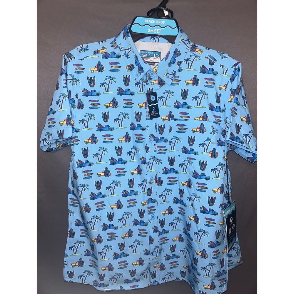 Beach Bros Boys 2pc Cabana Blue Swim Trunk‎ Surfboard Truck Sz 12 Bathing Suit